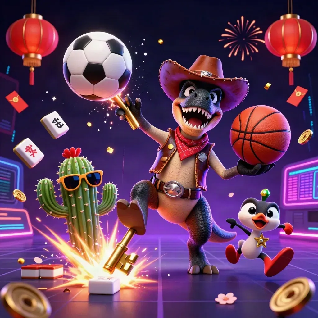 Cowboy T-Rex, cactus, and roadrunner amid neon casino sports chaos and flying game tokens.