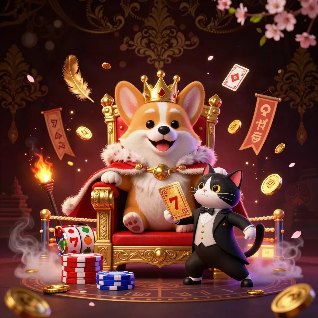 Royal corgi king and cat butler amid gold coins, runes, and casino magic