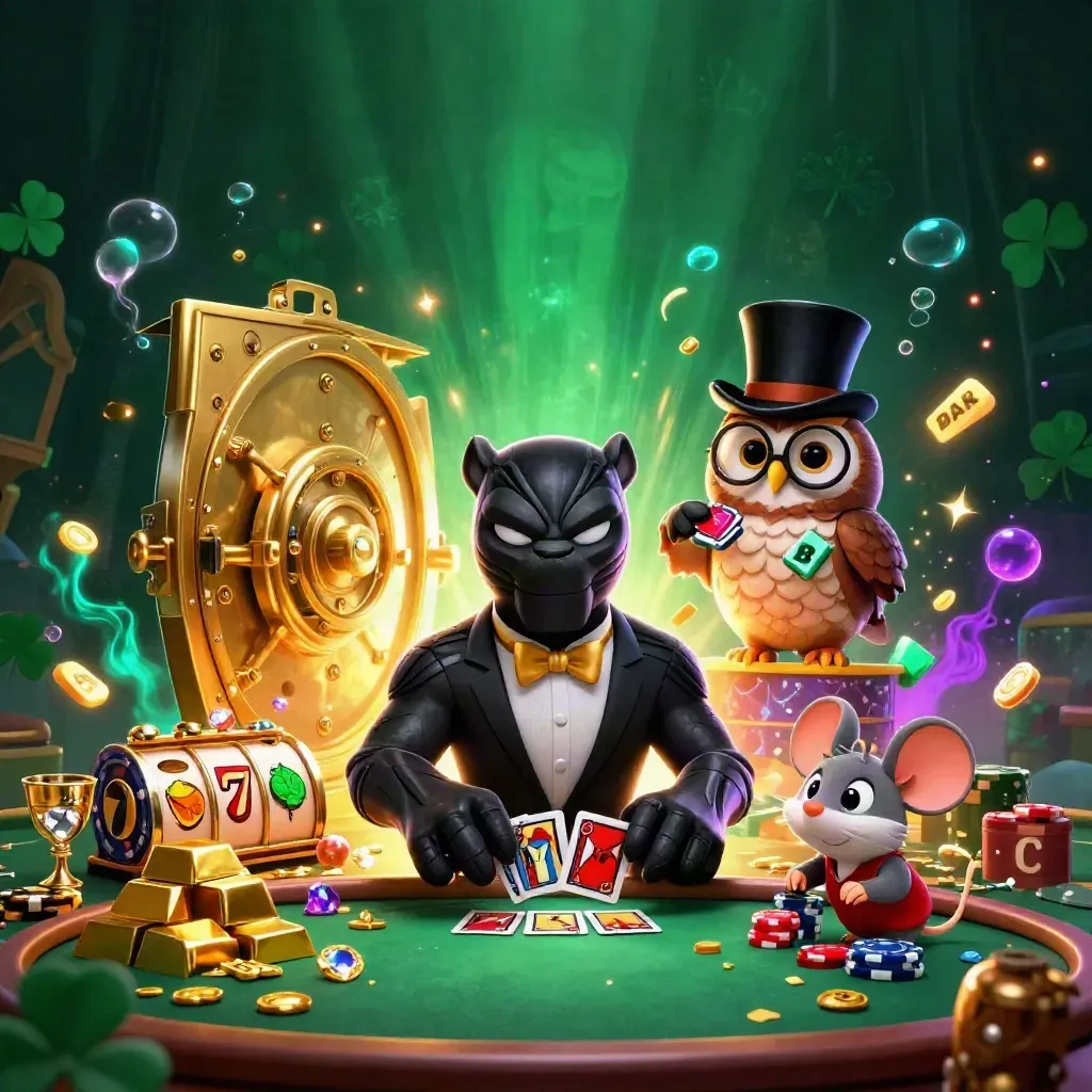 Panther, owl, and mouse burst from a golden vault with glowing treasure and slot symbols.