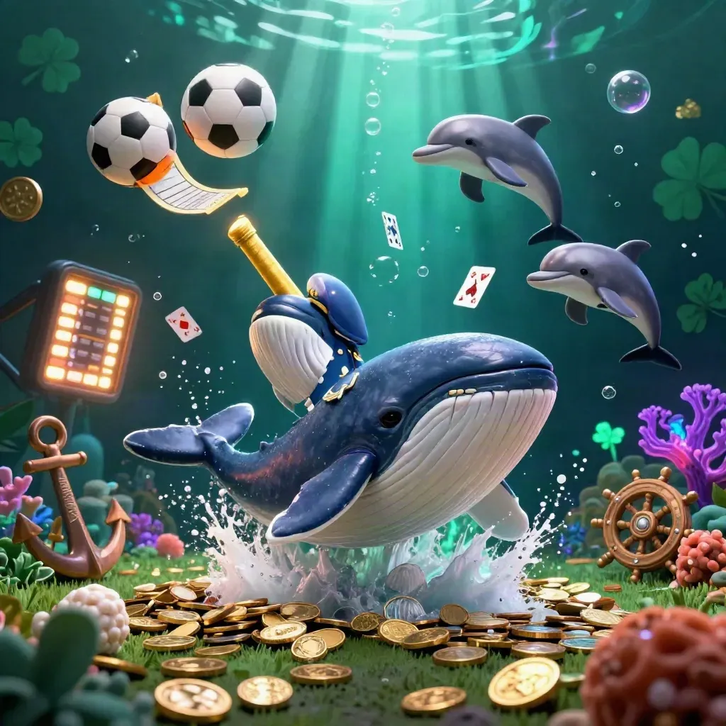 Whale, narwhal, and dolphins in a coin-filled underwater sports burst with balls and glowing coral.