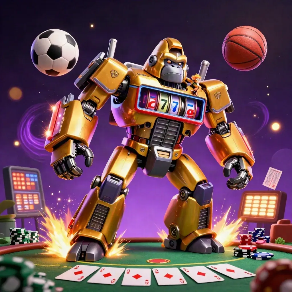 Golden gorilla mech and casino props explode around airborne balls in neon purple light.
