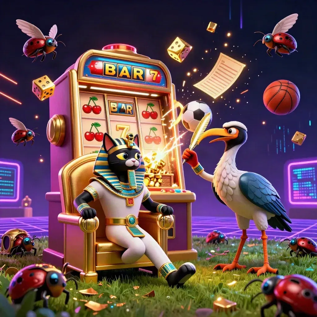 Pharaoh cat, ibis scribe, and gem-wing scarabs amid slot burst, gold, and neon effects