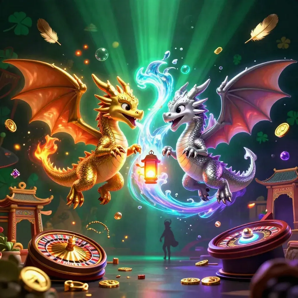 Gold and silver dragons spiral in a gothic casino scene with temple gate, ring, and glowing lights.