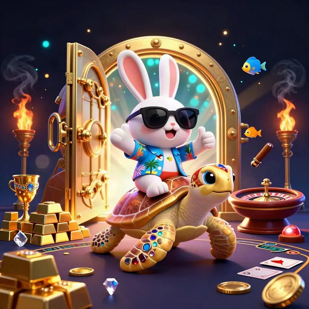Lucky rabbit rides a jeweled sea turtle through a glowing casino vault