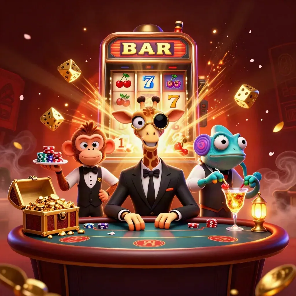 Giraffe, monkey, and chameleon at a VIP poker table with exploding slot-machine loot
