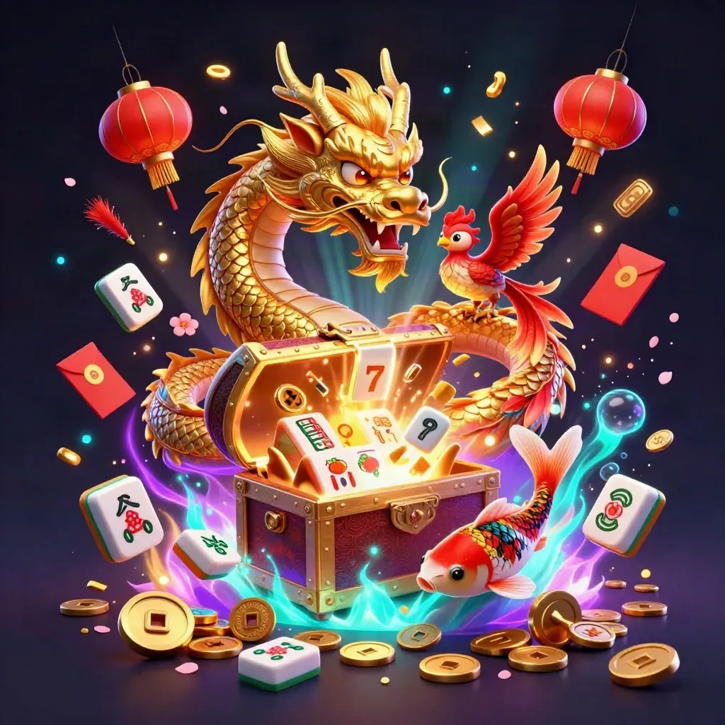 Golden dragon, phoenix, koi, coins, lanterns and slot symbols burst from a treasure chest in dark neon.
