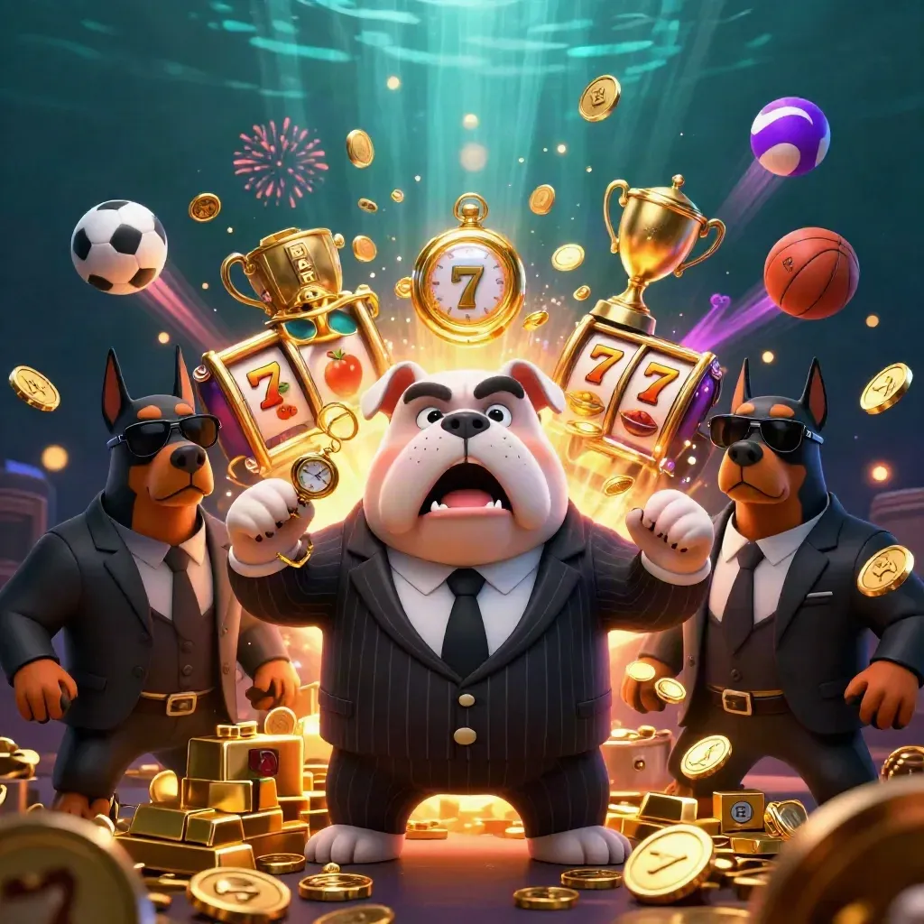 Bulldog boss and bodyguards amid bursting vault, coins, sports balls, trophy, and slot symbols