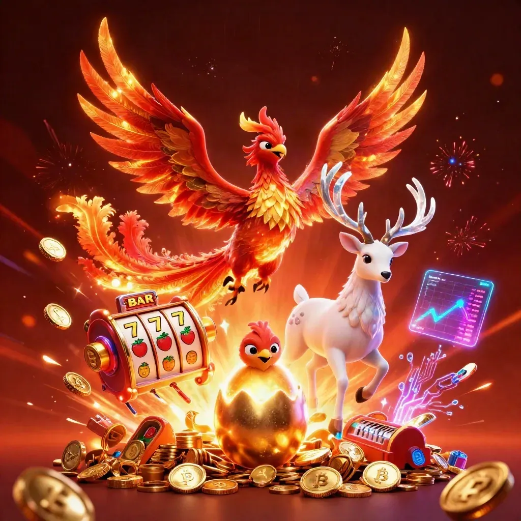 Fire phoenix, hatching baby phoenix, crystal stag, coins, reels, neon casino sparks
