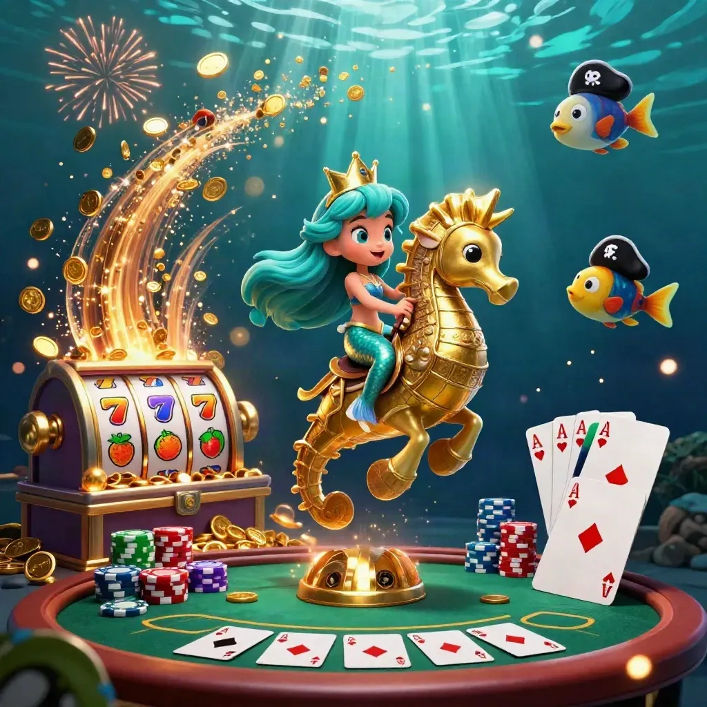 Mermaid princess on a gold seahorse amid coins, cards, chips, fish, and glowing slot reels.