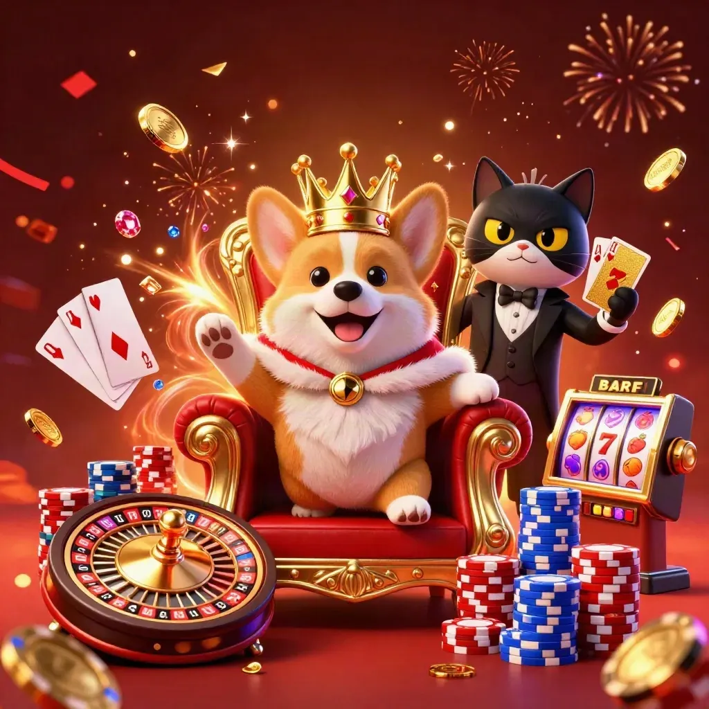 Royal corgi and cat butler amid coins, reels, chips, and fiery casino magic