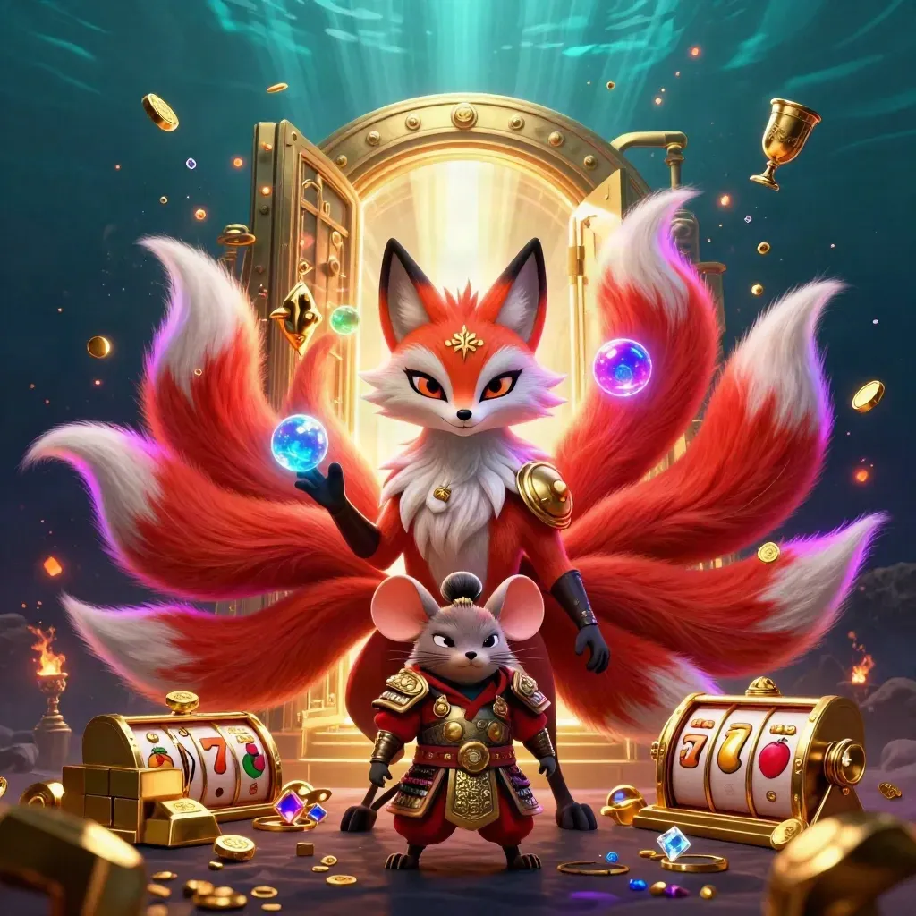 Fox spirit and armored mouse before an exploding treasure vault with slot symbols and gems.