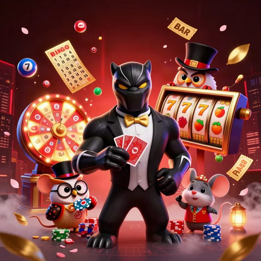 Panther dealer, owl chip master, and mouse amid glowing casino props in dark gothic neon.