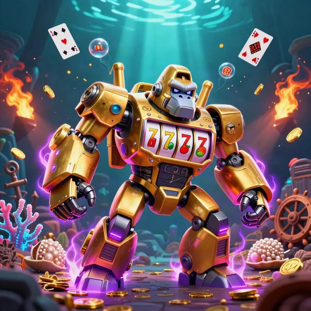 Golden gorilla slot mech in an underwater treasure cove with coins, reels, coral, and glowing firelight.